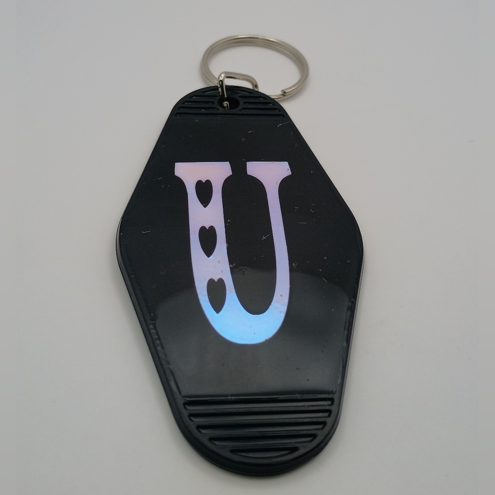 Motel Keychain Custom Retro Styled Black Holographic Letter U Initial Keychain